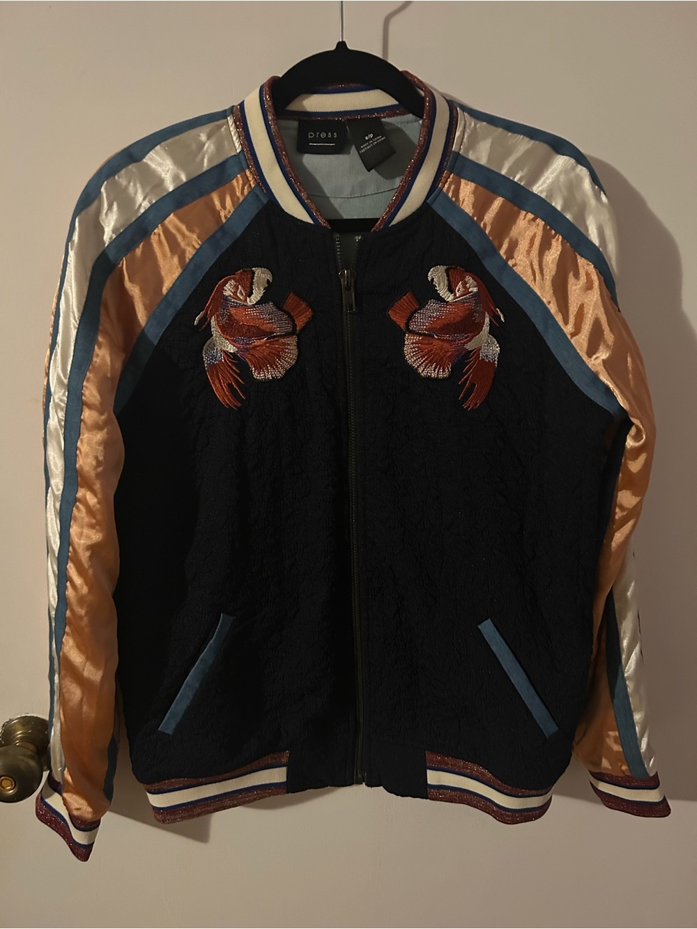 Embroidered Navy Bomber Jacket with Satin Sleeves